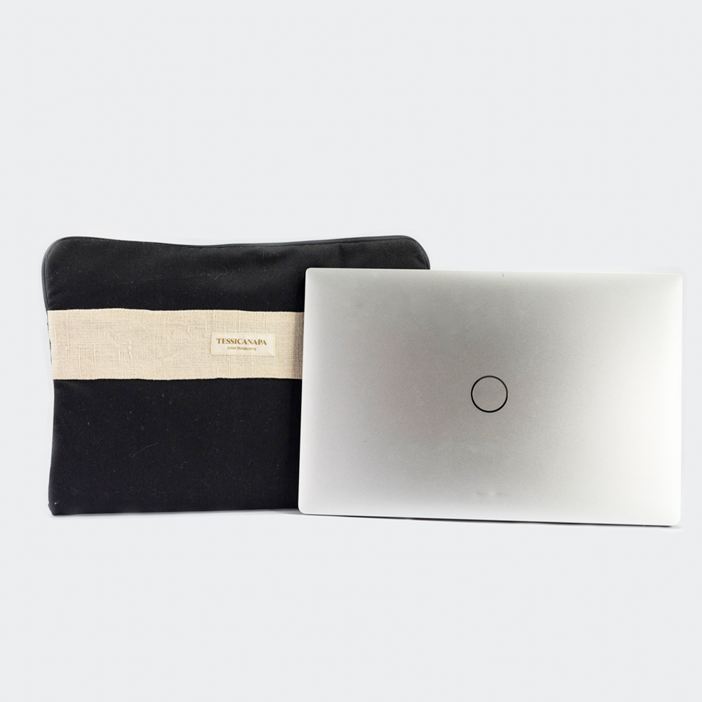 Porta laptop artigianale in cotone e canapa con zip