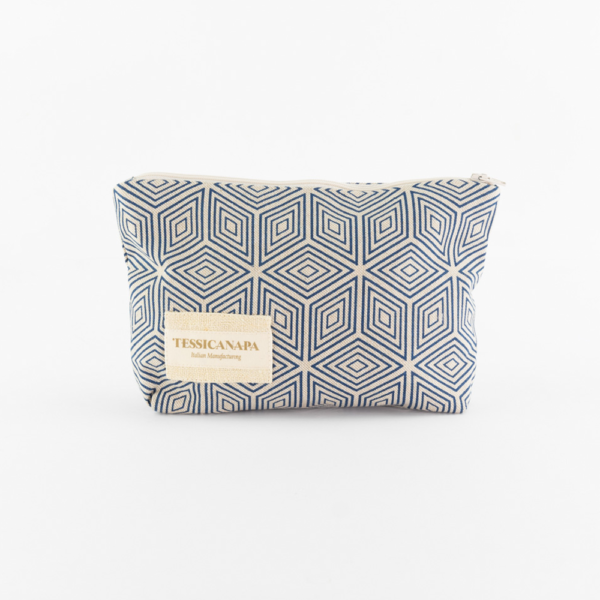 dettaglio mini pochette in cotone e canapa cubi azzurro