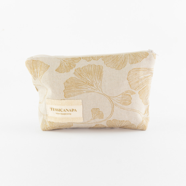 mini pochette in cotone e canapa foglie di ginko senape naturale