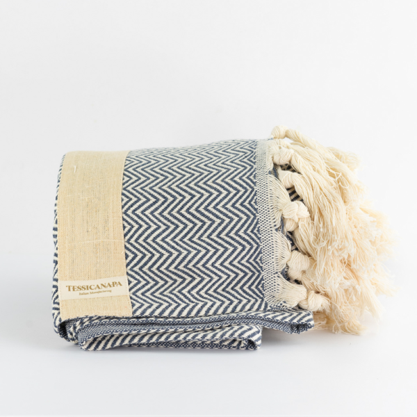 coperta plaid in cotone e canapa blu